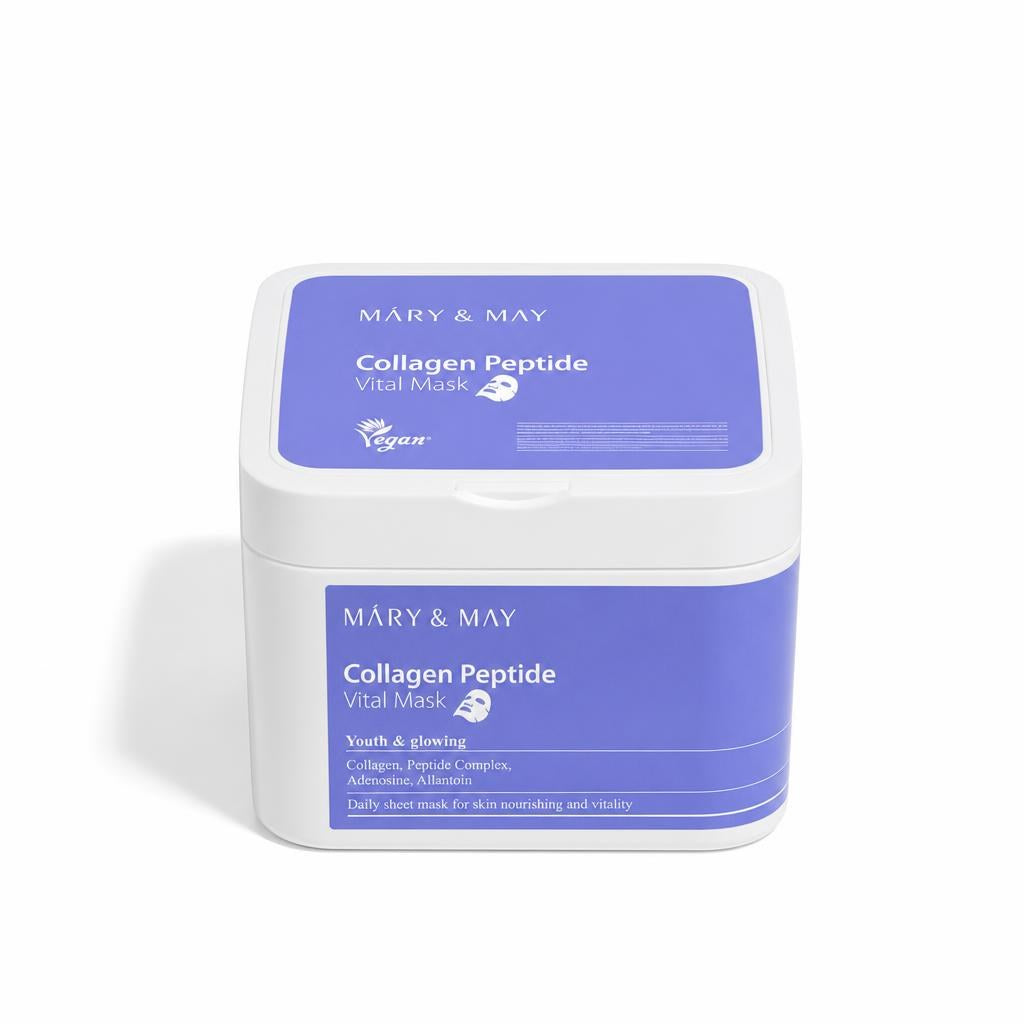 Mary&May Collagen Peptide Vital Mask 30-sheet tub with lavender label on a white background