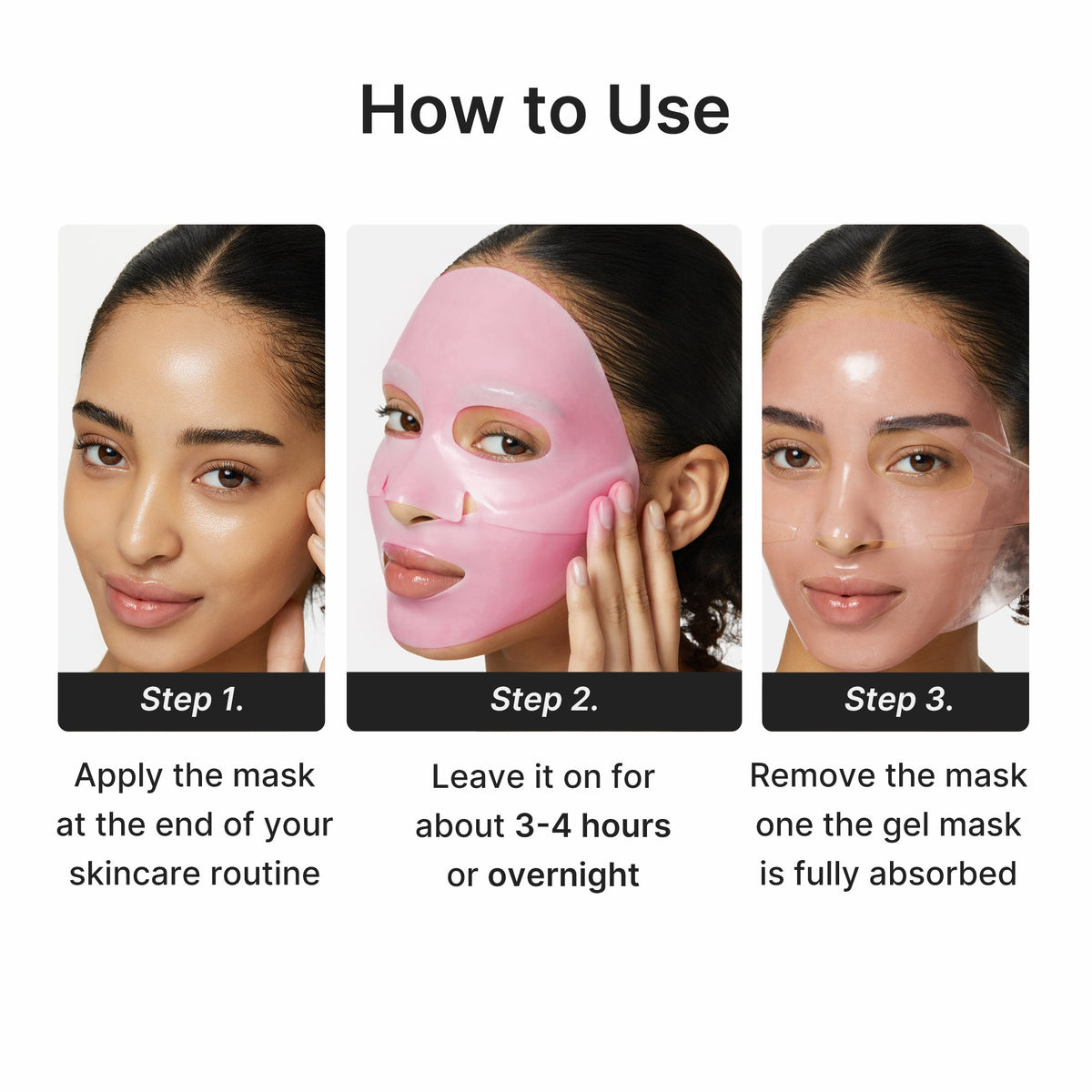 Medicube EGF NAD Firming Gel Mask three-step how-to: apply, leave on, remove when absorbed