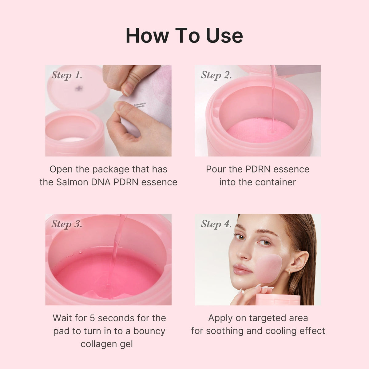 Medicube PDRN Pink Collagen Toning Gel Toner Pad four-step how-to: pour essence, wait, apply