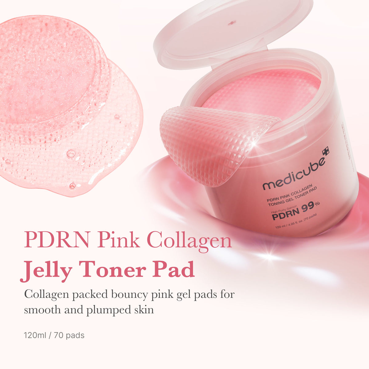 Medicube PDRN Pink Collagen Toning Gel Toner Pad open jar showing bouncy pink gel pads