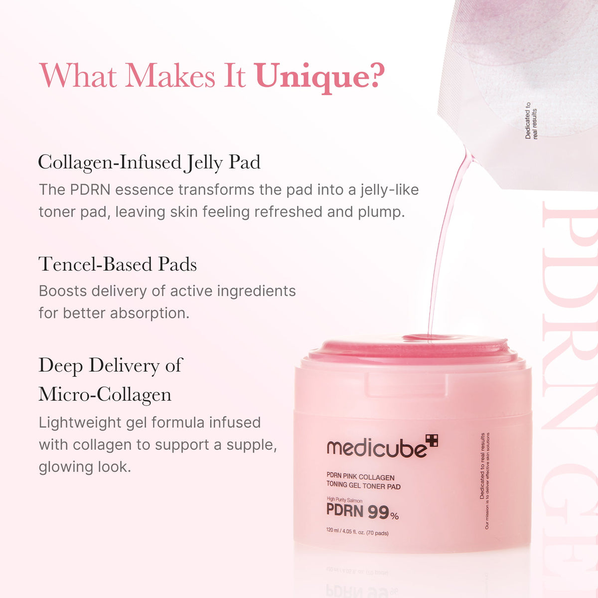 Medicube PDRN Pink Collagen Toning Gel Toner Pad features: collagen jelly pad, Tencel pads