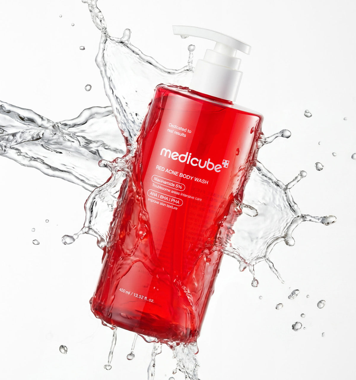 Medicube Red Acne Body Wash 3.0 red bottle with a clear water splash