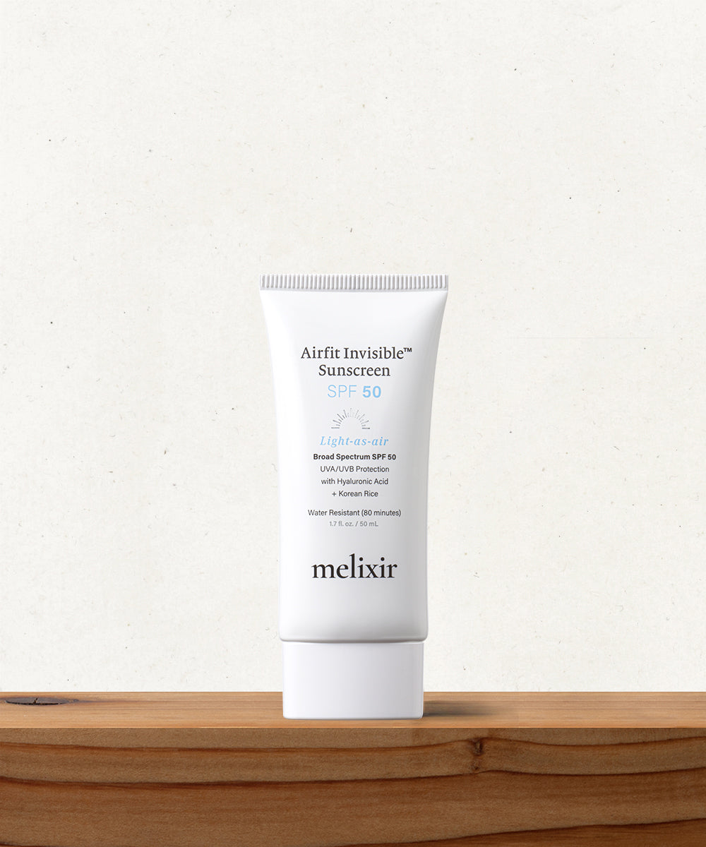 Melixir Airfit Invisible Sunscreen SPF 50 50ml white tube on a light shelf