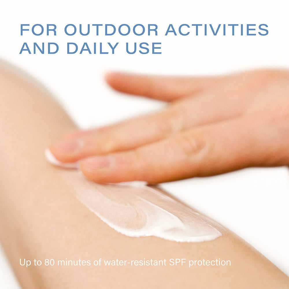 Melixir Airfit Invisible Sunscreen SPF 50 being blended on an arm, up to 80 minutes water resistant