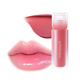 Milk Touch Dew Stain Sheer Lip Gloss 03 Peony Rain tube with a pink swatch and glossy lips