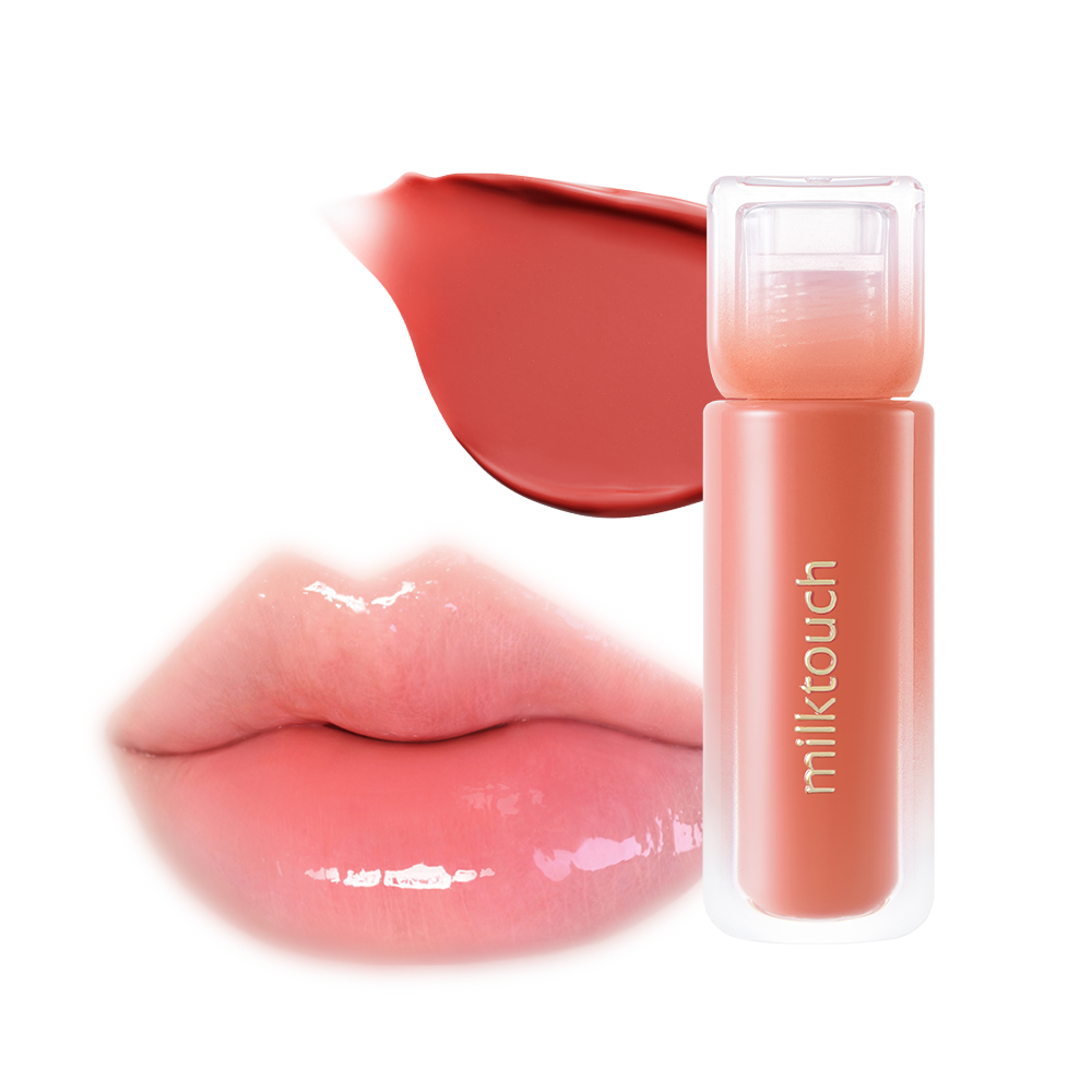Milk Touch Dew Stain Sheer Lip Gloss 05 Peach Drop tube with a peach swatch and glossy lips