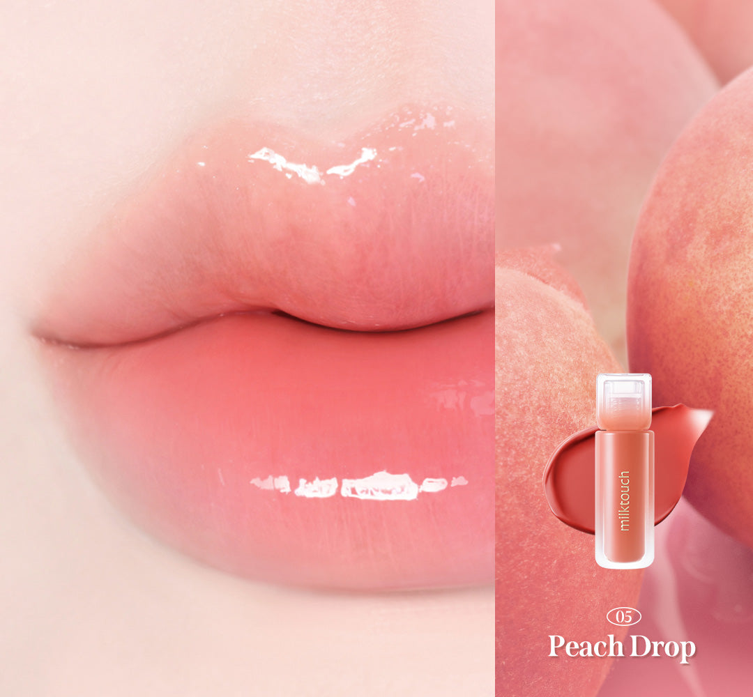 Milk Touch Dew Stain Sheer Lip Gloss 05 Peach Drop worn on lips beside the tube and swatch