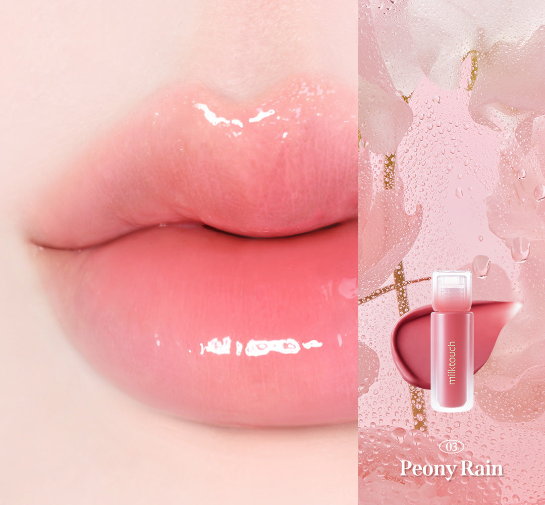 Milk Touch Dew Stain Sheer Lip Gloss 03 Peony Rain worn on lips beside the tube and swatch