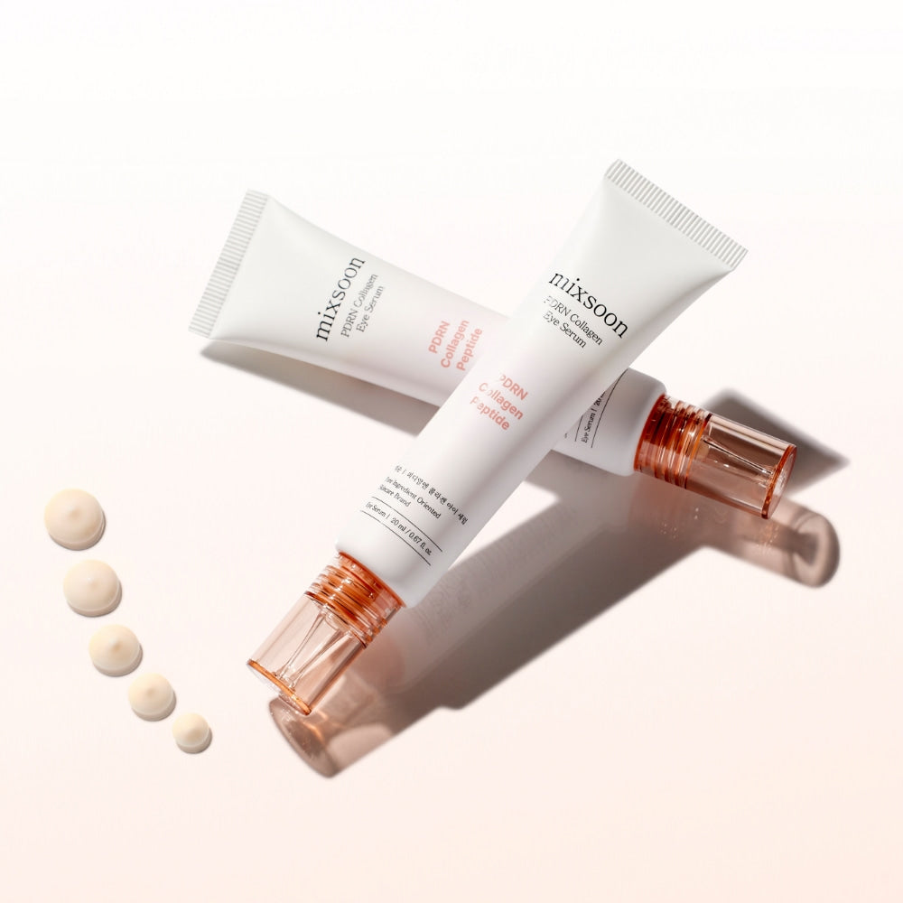 Mixsoon PDRN Collagen Eye Serum two tubes beside a row of creamy serum texture dots