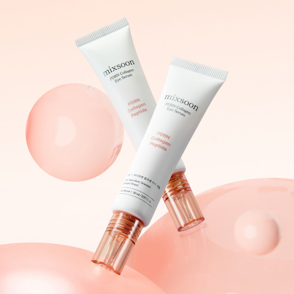 Mixsoon PDRN Collagen Eye Serum two tubes floating among glossy peach bubbles