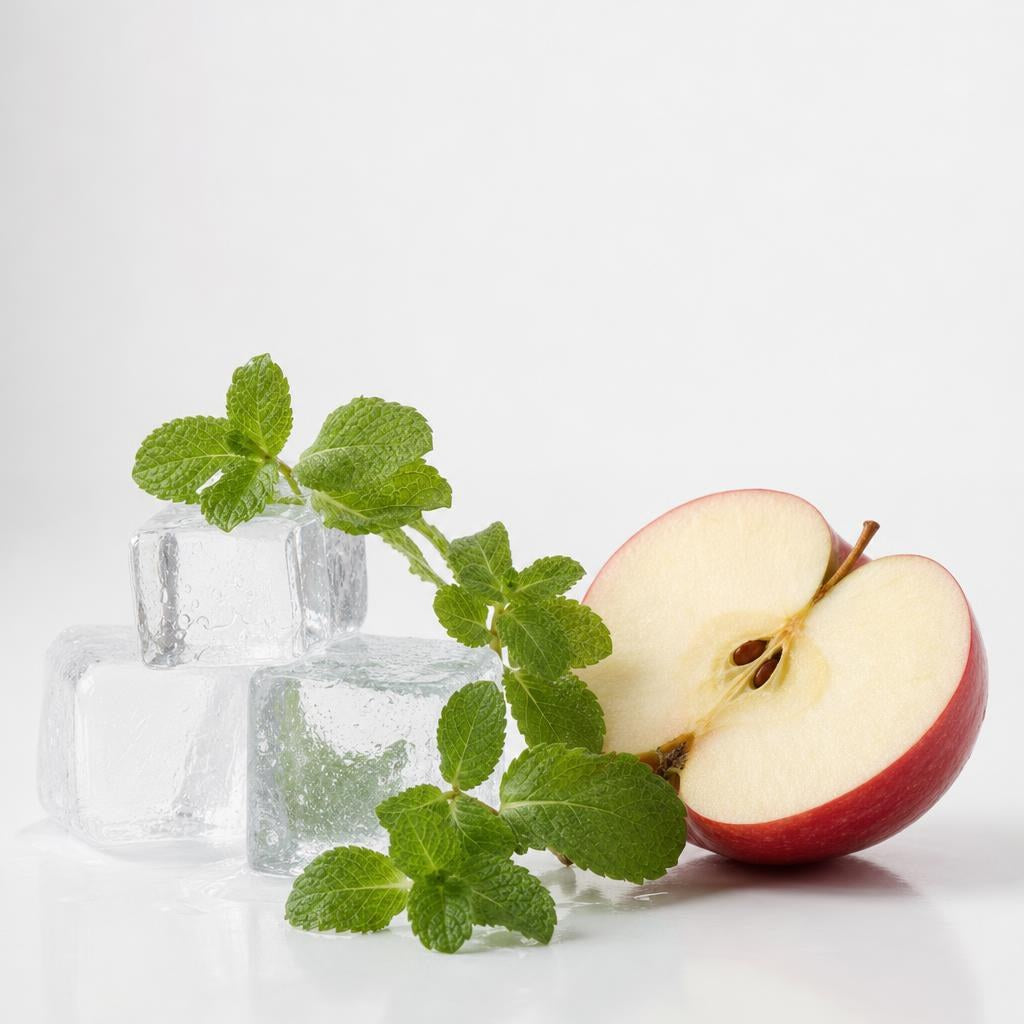 MOEV Annurcatin Hair Tonic ingredient scene with a halved red apple, fresh mint and ice cubes