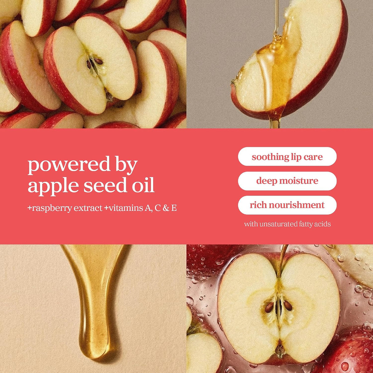 Nooni Appleberry Lip Oil ingredient story: apple seed oil with raspberry extract and vitamins A, C and E