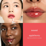 Nooni Appleberry Lip Oil worn by two models, glossy cherry-red lips and applicator