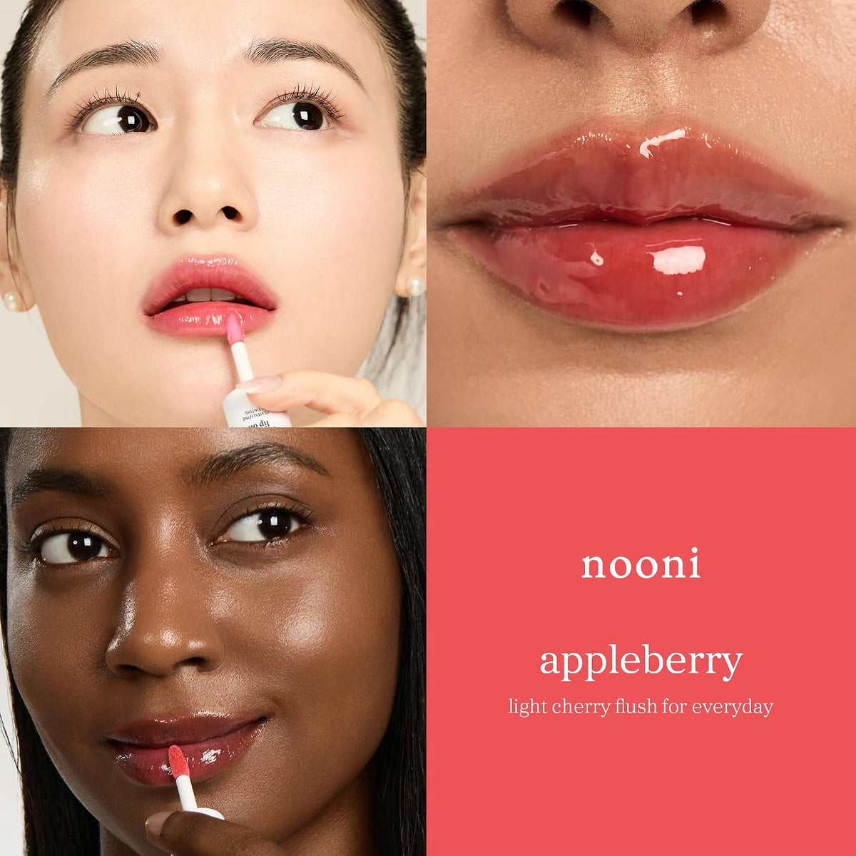 Nooni Appleberry Lip Oil worn by two models, glossy cherry-red lips and applicator