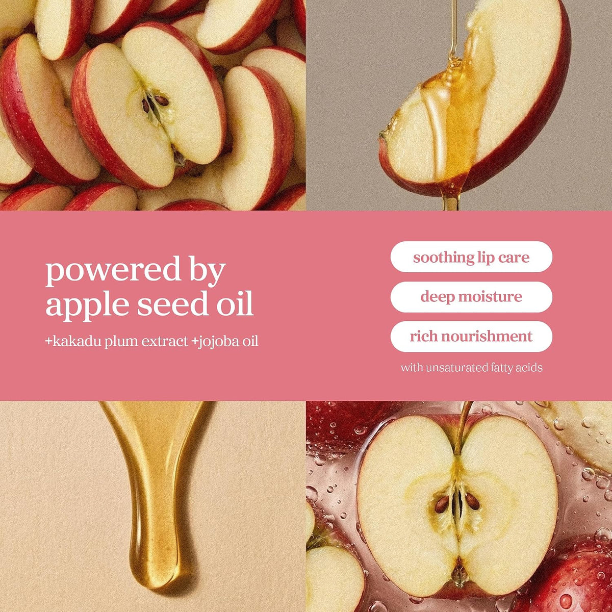 Nooni Appleplum Lip Oil ingredient story: apple seed oil with kakadu plum extract and jojoba oil