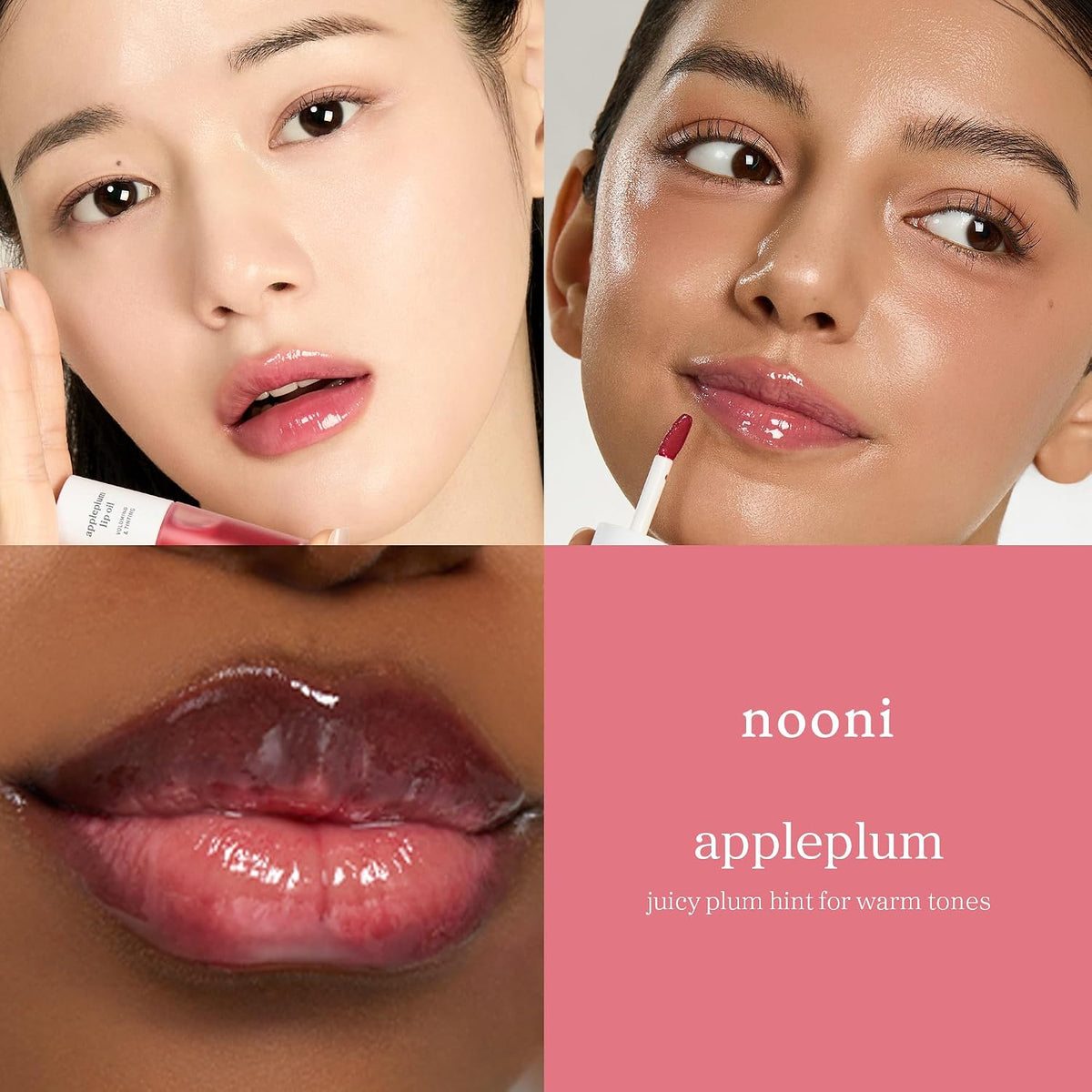 Nooni Appleplum Lip Oil worn by two models, juicy plum-pink glossy lips