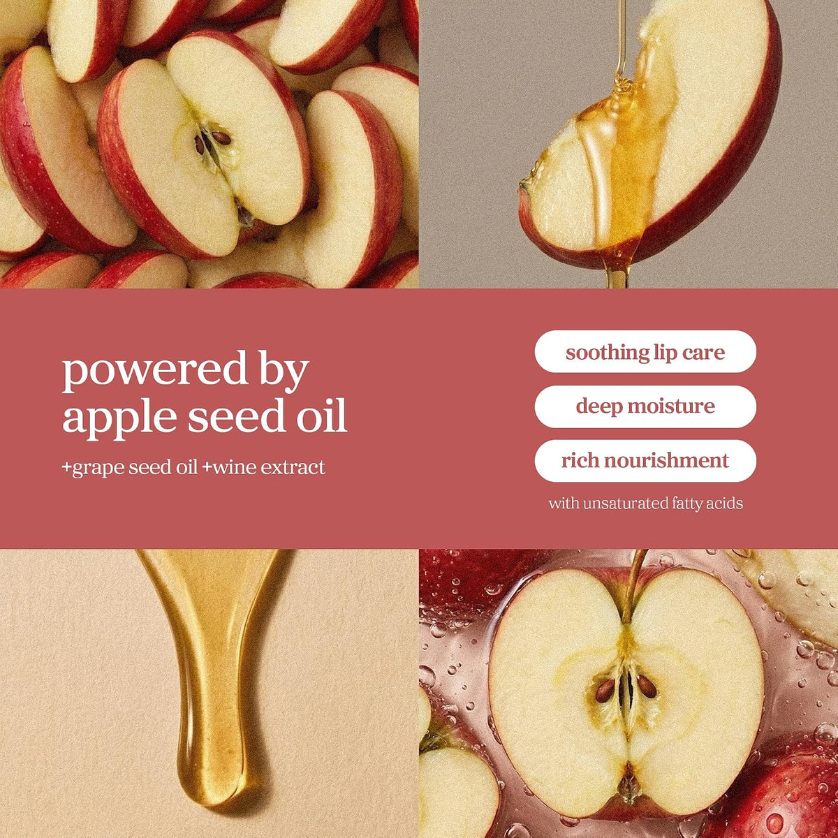 Nooni Applewine Lip Oil ingredient story: apple seed oil with grape seed oil and wine extract