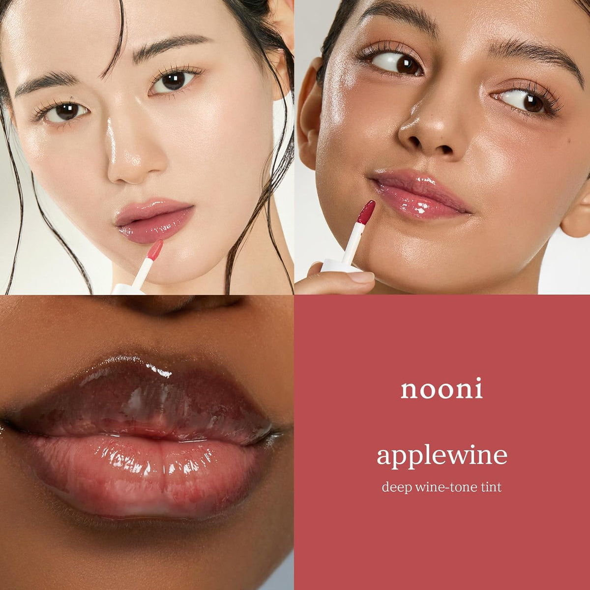 Nooni Applewine Lip Oil worn by two models, deep wine-tone glossy lips