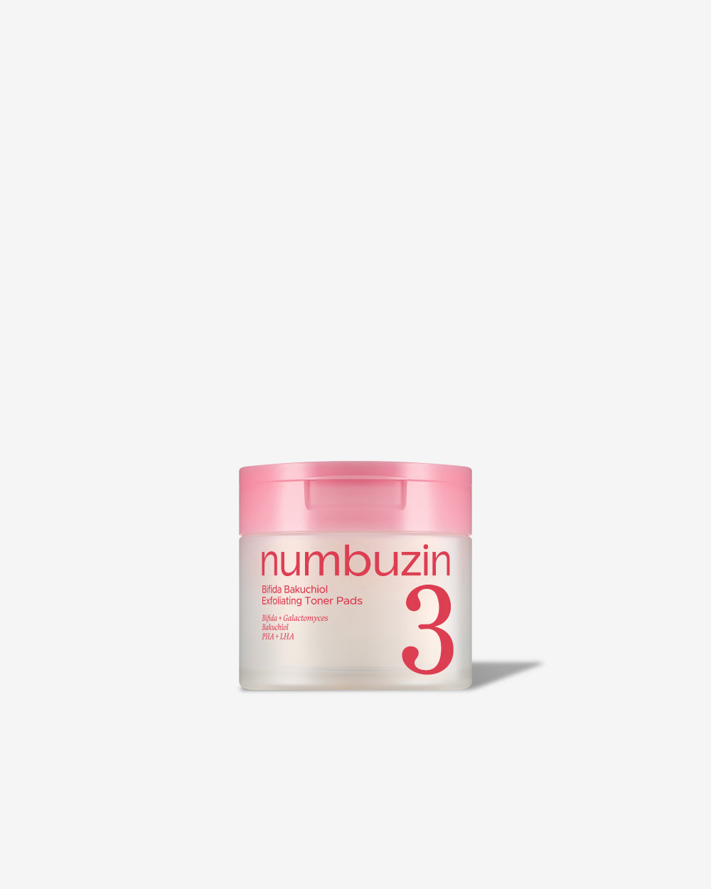 Numbuzin No.3 Bifida Bakuchiol Exfoliating Toner Pads 70ea frosted jar with pink lid on a light background
