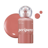 Peripera Syrupy Tok Cheek 04 Sunshine Fig bottle with clear dome cap and a rosy-brown liquid swatch
