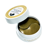 Petitfee Black Pearl & Gold Hydrogel Eye Patch 60ea open jar with shimmering dark gold patches on white