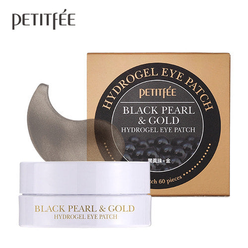 Petitfee Black Pearl & Gold Hydrogel Eye Patch white jar in front of its bronze box with one patch