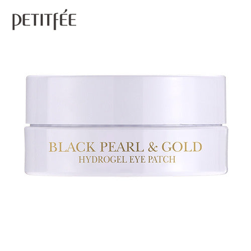 Petitfee Black Pearl & Gold Hydrogel Eye Patch white jar side view with gold lettering