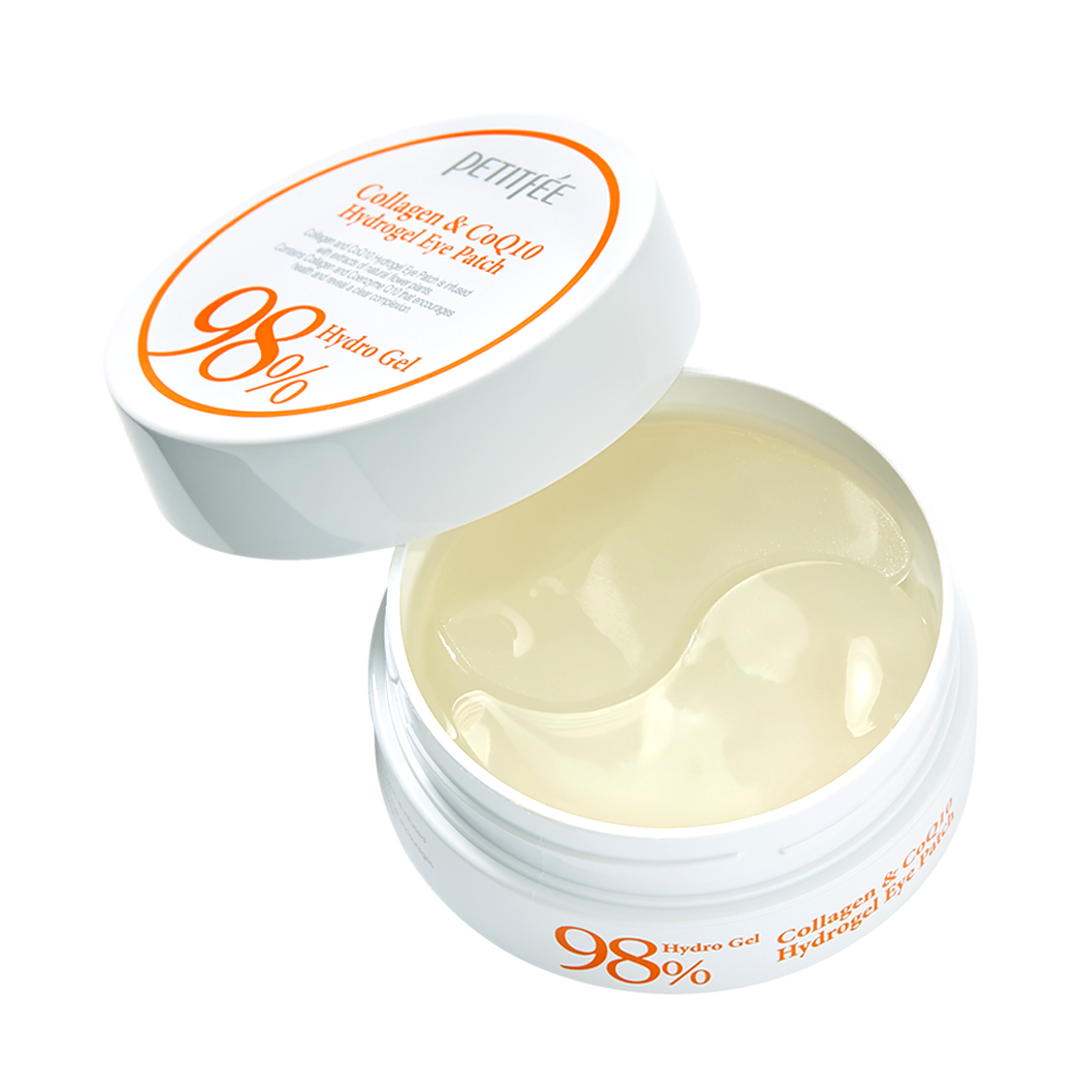 Petitfee Collagen & CoQ10 Hydrogel Eye Patch 60ea open jar with translucent ivory patches on white