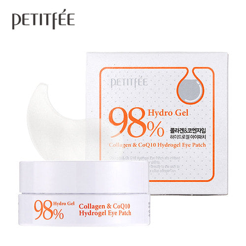 Petitfee Collagen & CoQ10 Hydrogel Eye Patch white jar in front of its white and orange box with one patch
