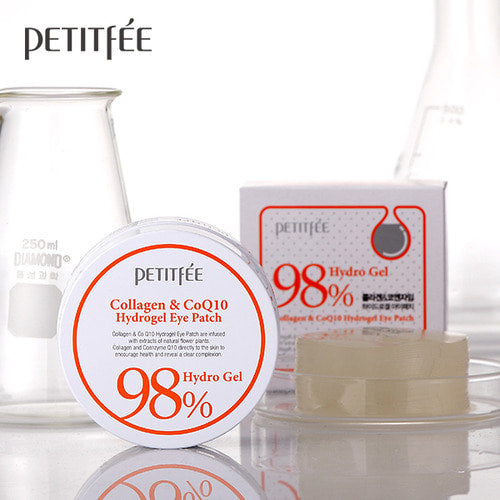 Petitfee Collagen & CoQ10 Hydrogel Eye Patch jar and box among clear lab glassware
