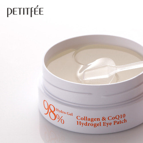 Petitfee Collagen & CoQ10 Hydrogel Eye Patch open jar with a spatula lifting a clear hydrogel patch