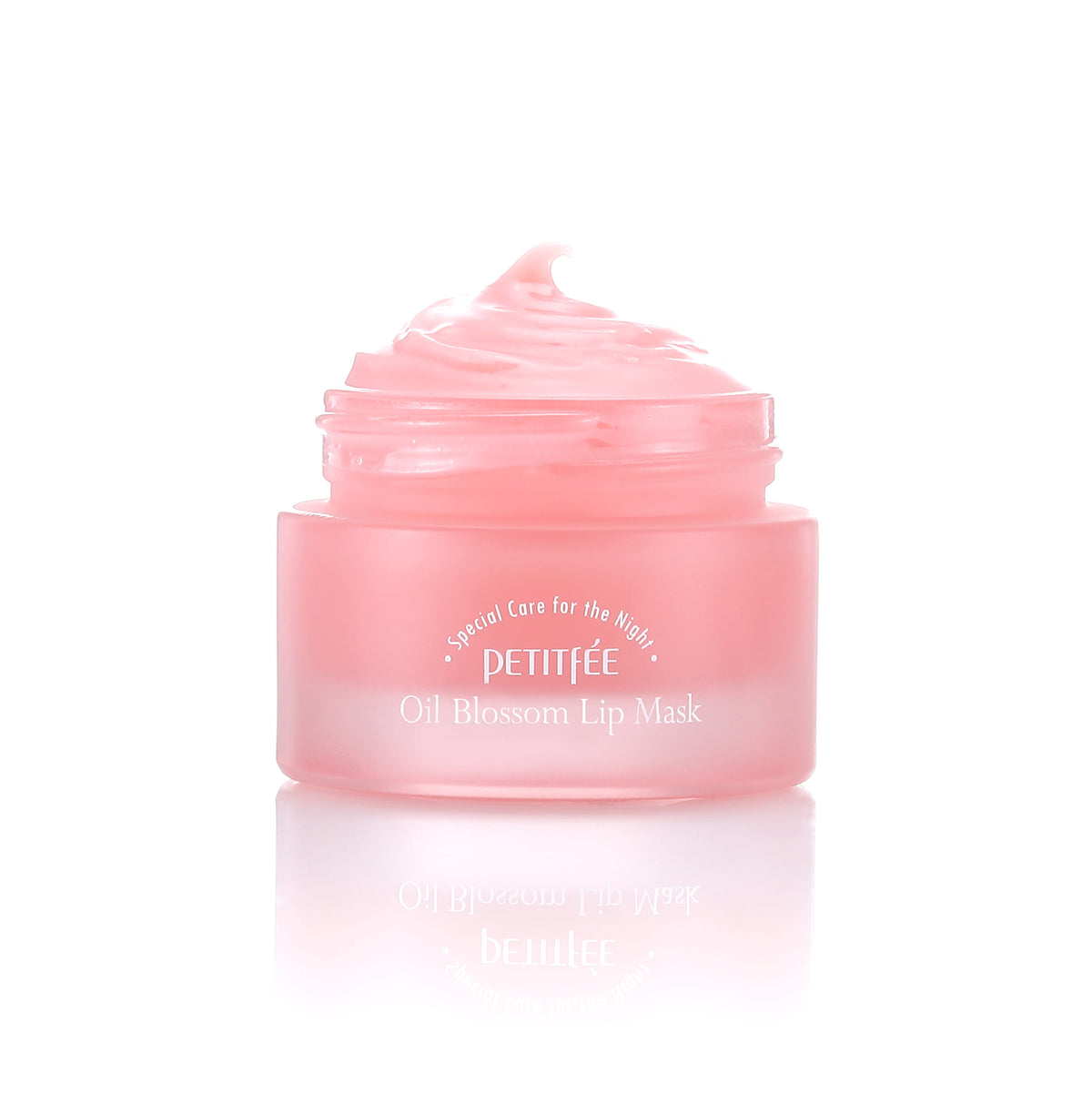 Petitfee Oil Blossom Lip Mask Camellia Seed Oil open jar heaped with the soft pink balm