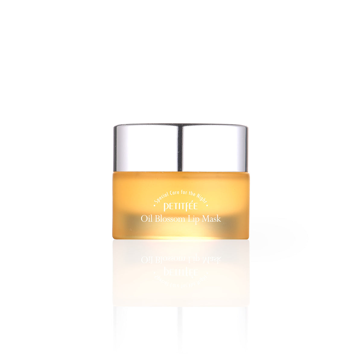 Petitfee Oil Blossom Lip Mask Sea Buckthorn Oil yellow frosted glass jar with silver cap on white