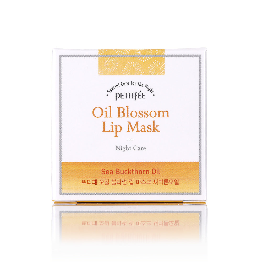 Petitfee Oil Blossom Lip Mask Sea Buckthorn Oil carton front with a yellow Sea Buckthorn Oil band