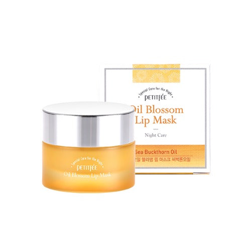 Petitfee Oil Blossom Lip Mask Sea Buckthorn Oil jar in front of its white and yellow carton
