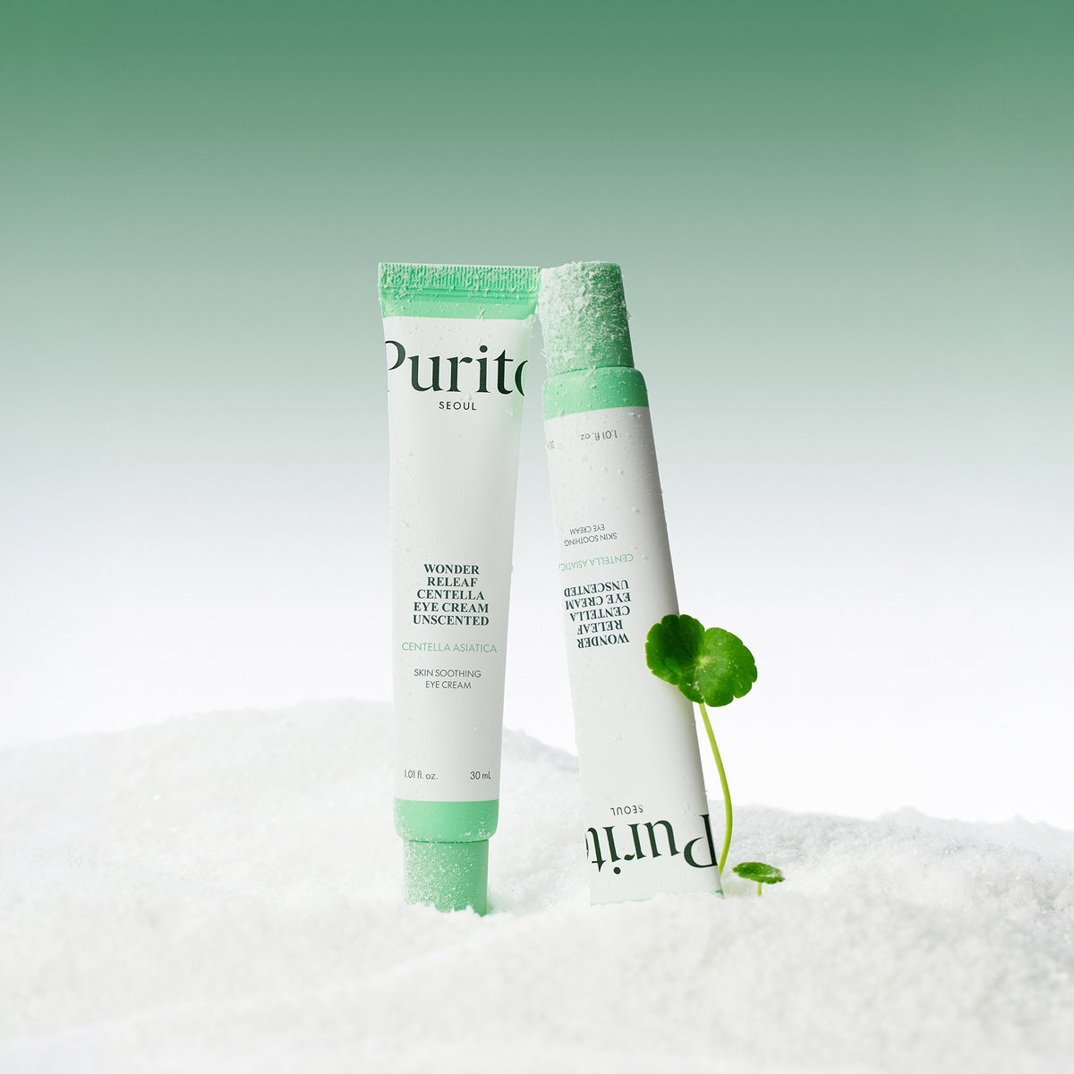 Purito Seoul Wonder Releaf Centella Eye Cream Unscented two tubes in white crystals with a centella sprout