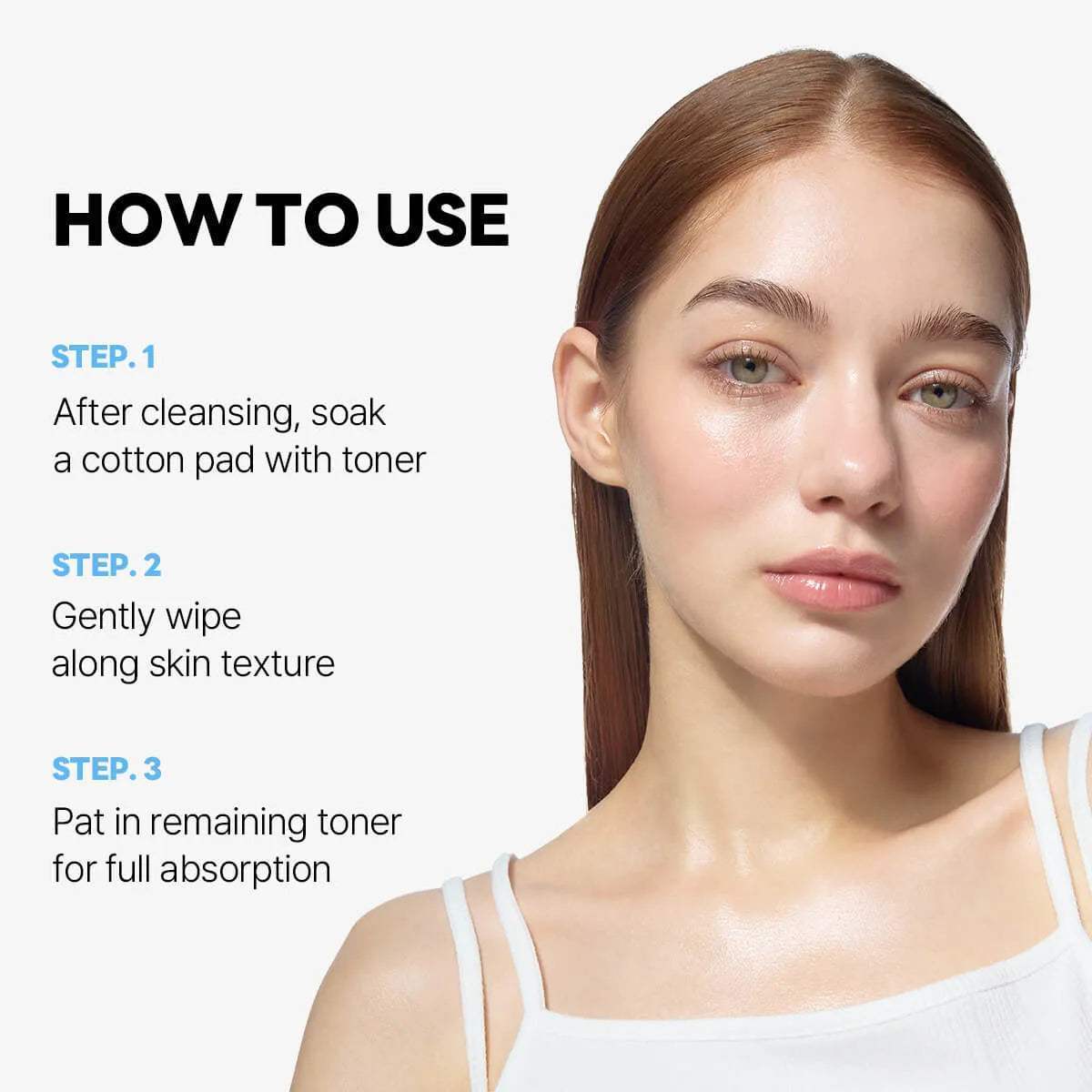 Round Lab 1025 Dokdo Toner how-to-use steps with cotton pad, shown beside a model with glowing skin