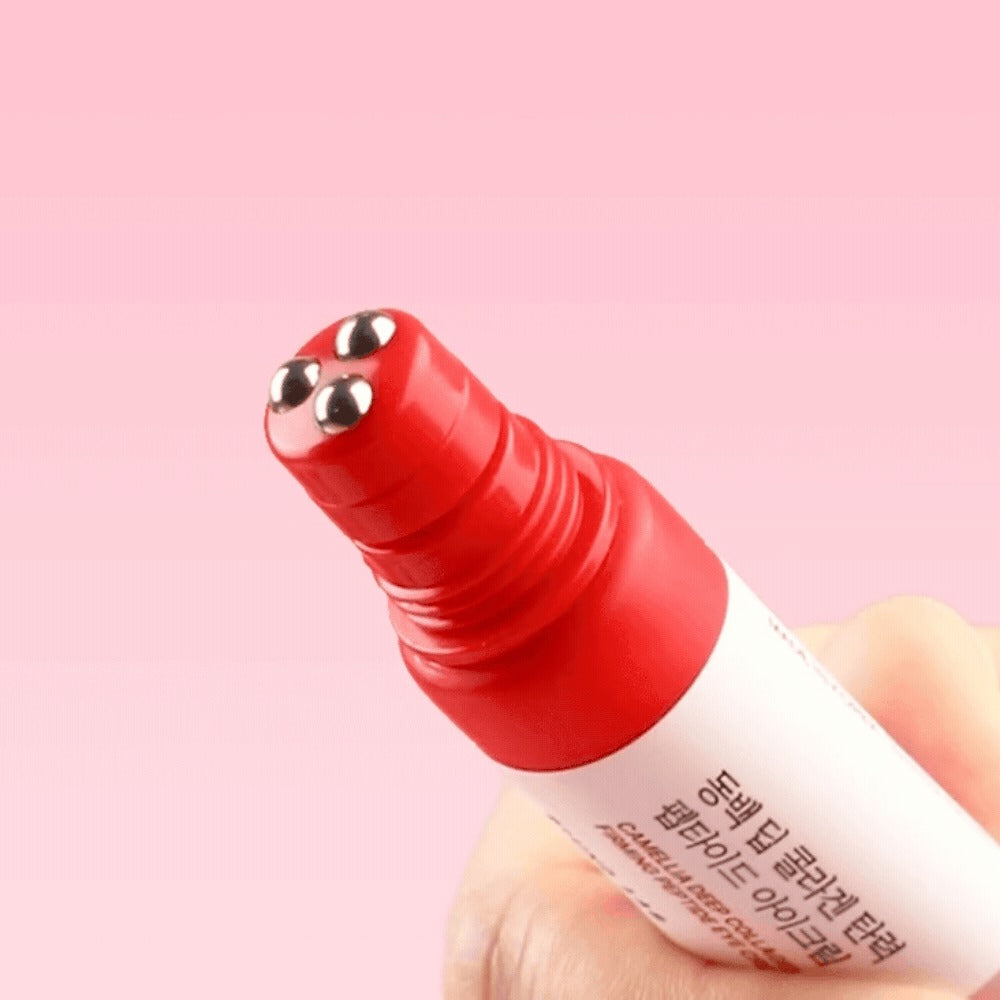 Round Lab Camellia Deep Collagen Eye Cream close-up of the triple metal roller-ball applicator tip