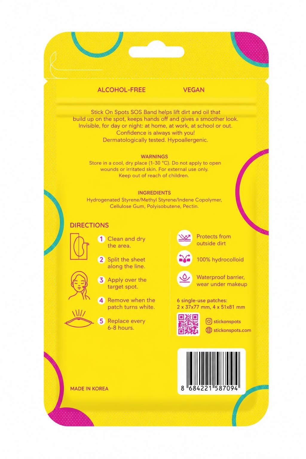 Back of the S.O.S Maxi pouch with ingredients, directions and patch sizes
