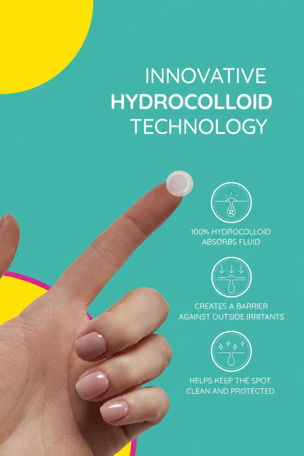 Finger holding a clear hydrocolloid patch with three hydrocolloid technology benefits