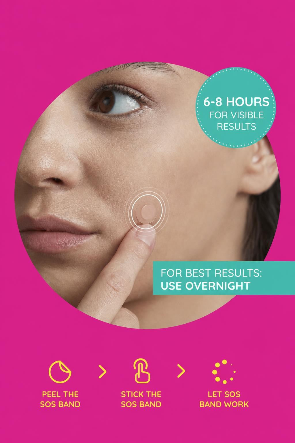 Woman pressing a clear patch on her cheek, with peel, stick and let it work steps