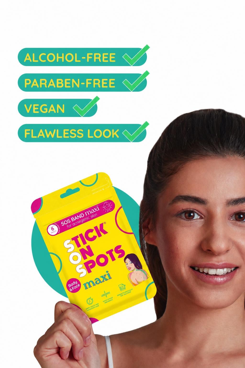 Smiling woman holding the S.O.S Maxi pouch: alcohol-free, paraben-free, vegan