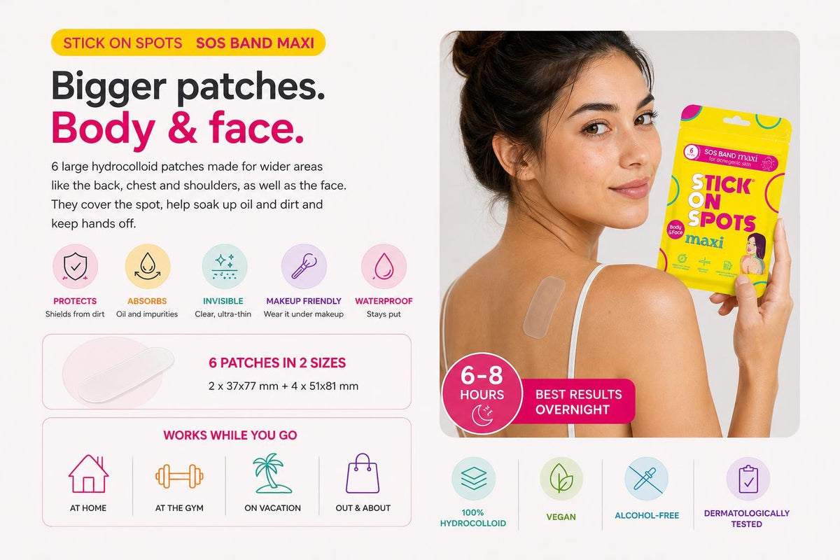 S.O.S Maxi infographic: large hydrocolloid patches for back, chest, shoulders and face, two sizes