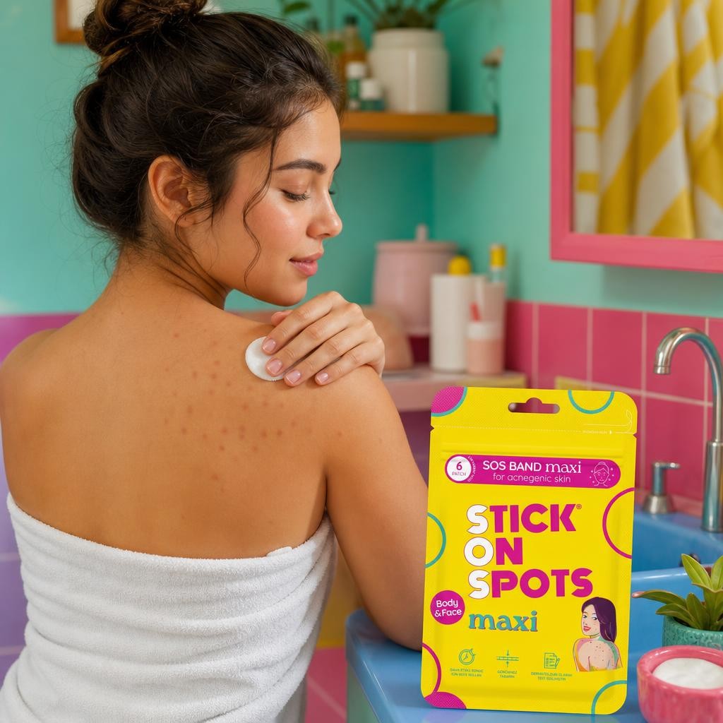 Woman wiping her shoulder with a cotton pad, yellow pouch on the counter
