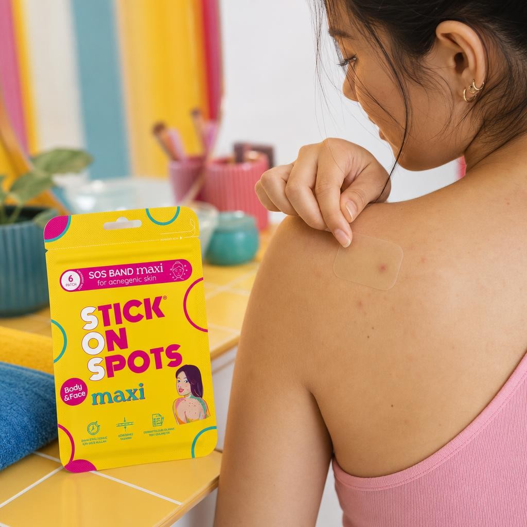 Woman pressing a large clear patch onto her upper back