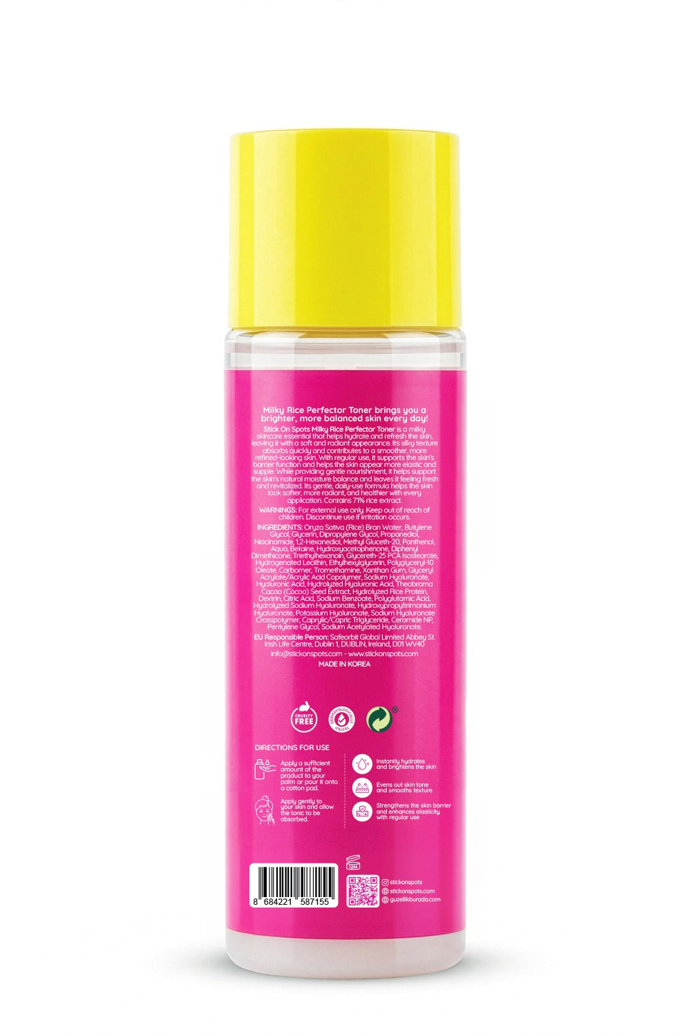Back of the S.O.S Milky Rice Perfector Toner bottle with ingredients and directions