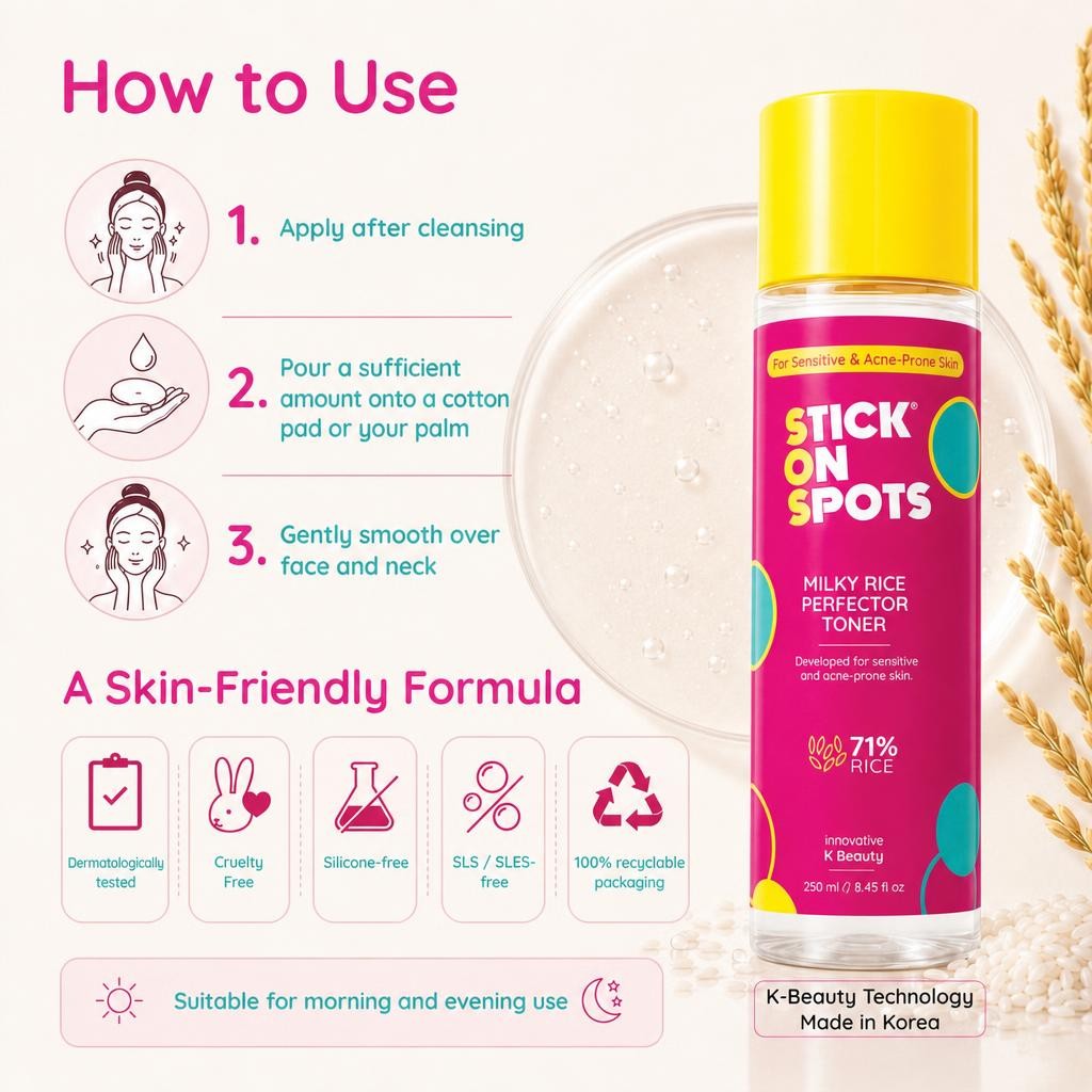 How to use S.O.S Milky Rice Toner in three steps, with a skin-friendly formula icon row