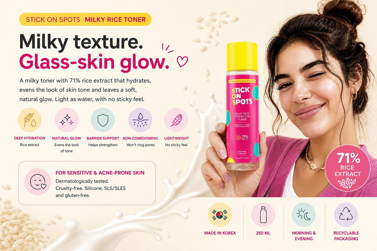 S.O.S Milky Rice Perfector Toner infographic: 71% rice extract, hydration, glow and a woman holding the bottle