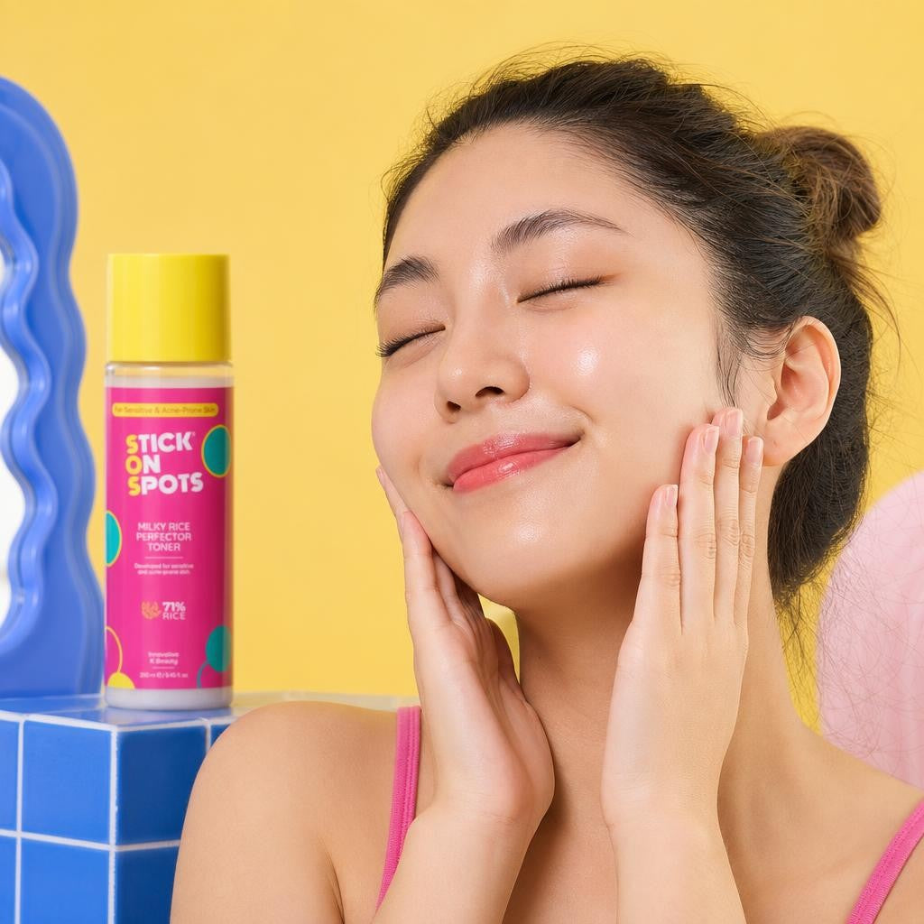 Woman pressing her palms over her glowing cheeks after applying toner