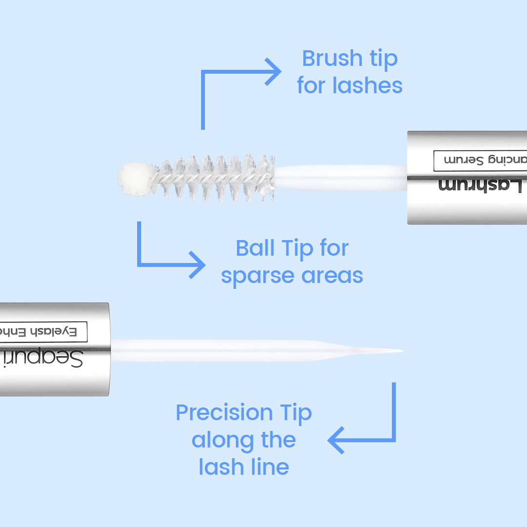 Seapuri Lashrum Eyelash Enhancing Serum applicator guide: brush tip, ball tip for sparse areas and precision tip